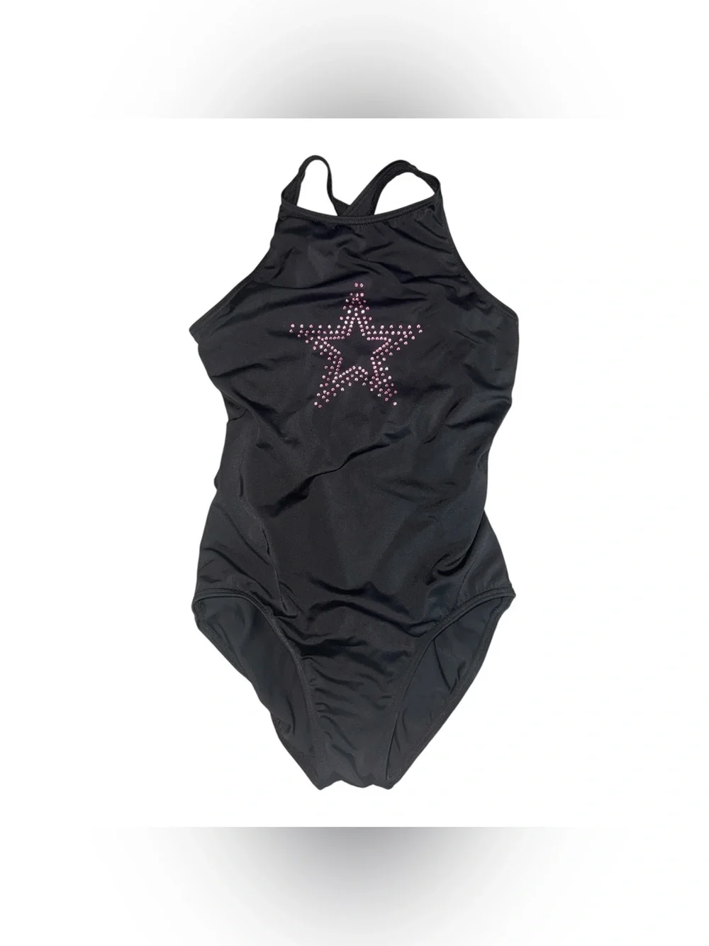 Weissman Black Sports Leotard Dance Gymnastics with Pink Rhinestone Star Accent